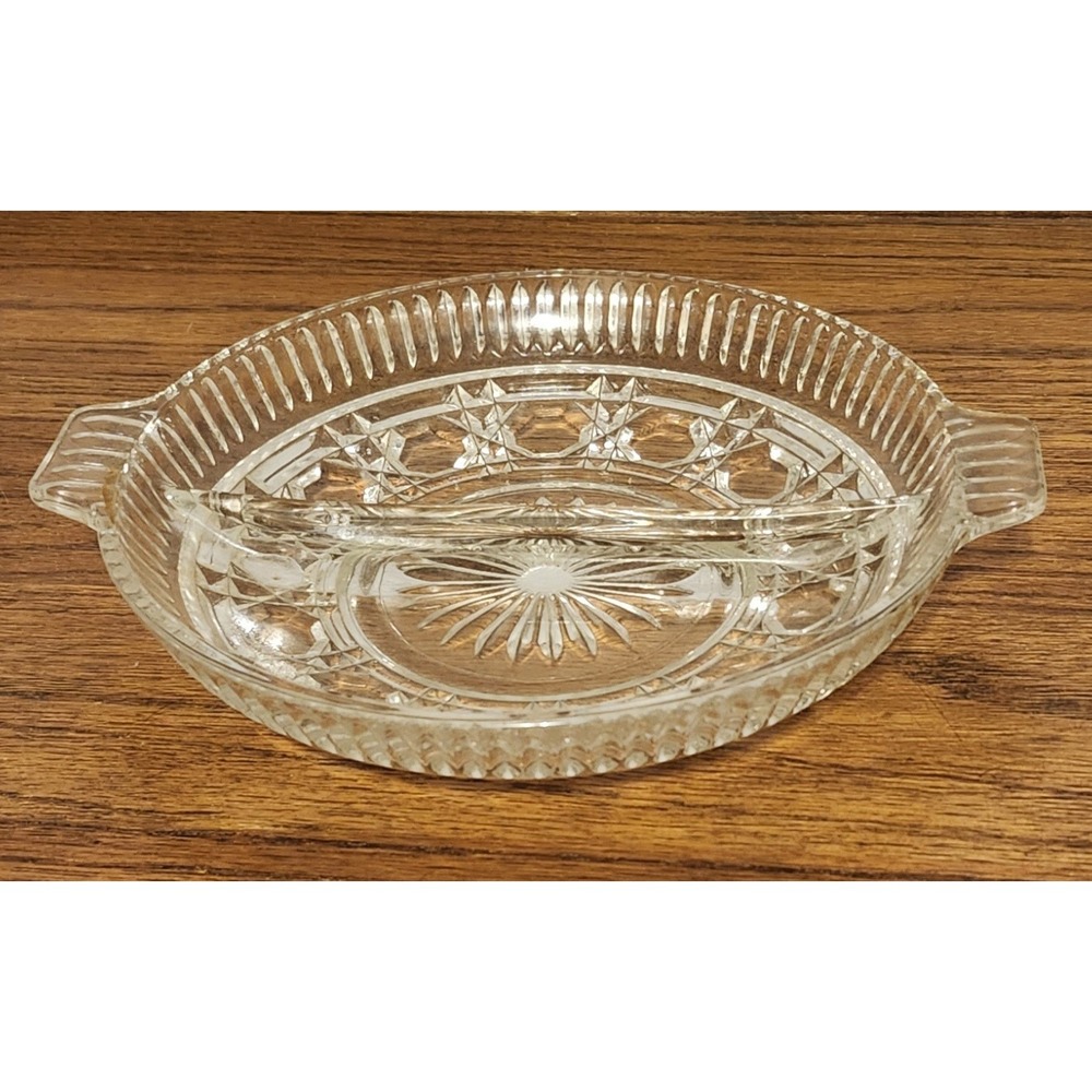 Federal Glass Clear Windsor Button & Cane Divided 2-Part Relish Dish‎ Vintage